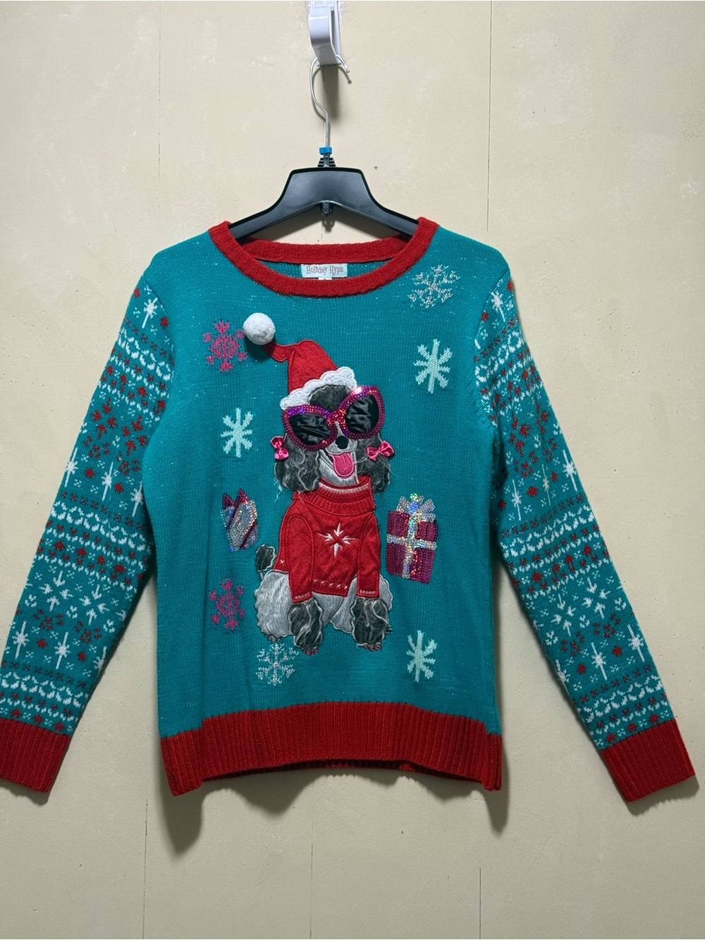 Holiday Poodle Pullover Ugly Christmas Sweater - Teal & Red Women’s Sz L